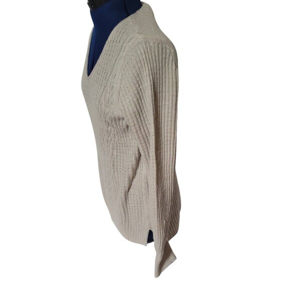 ST JOHN'S BAY Womens Beige Cable Knit V-Neck Sweater Size L lightweight‎ c - Picture 2 of 6